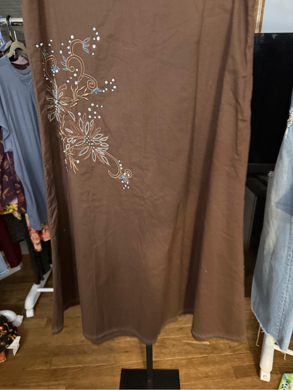 Brown Embroidered A-Line Maxi Skirt